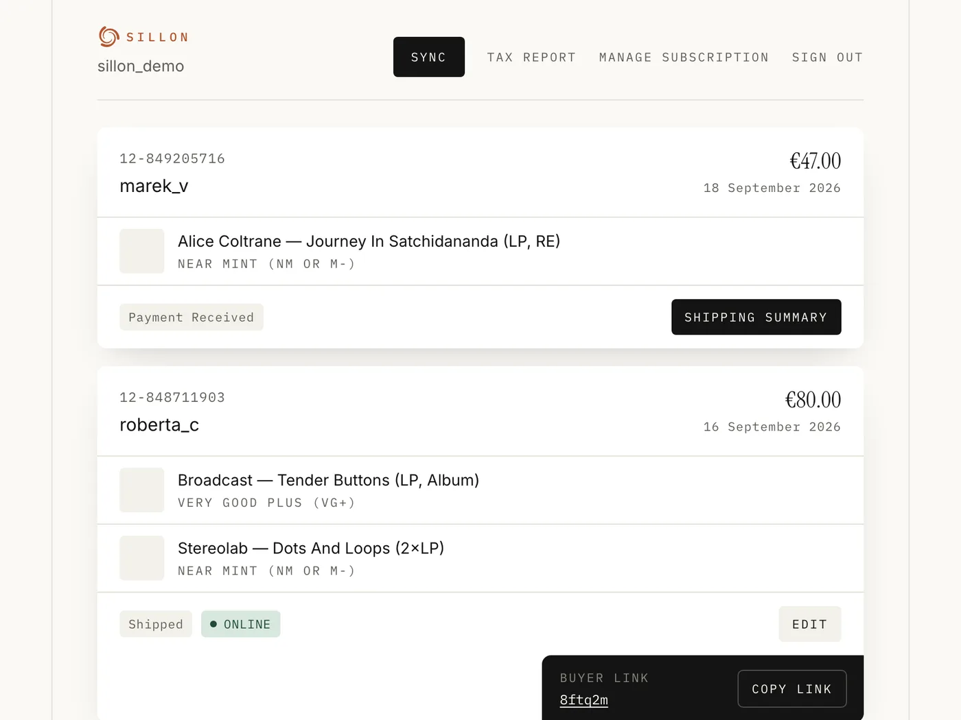 The Sillon sales screen: Discogs orders listed with their records, their amount, and a button to write the shipping summary.